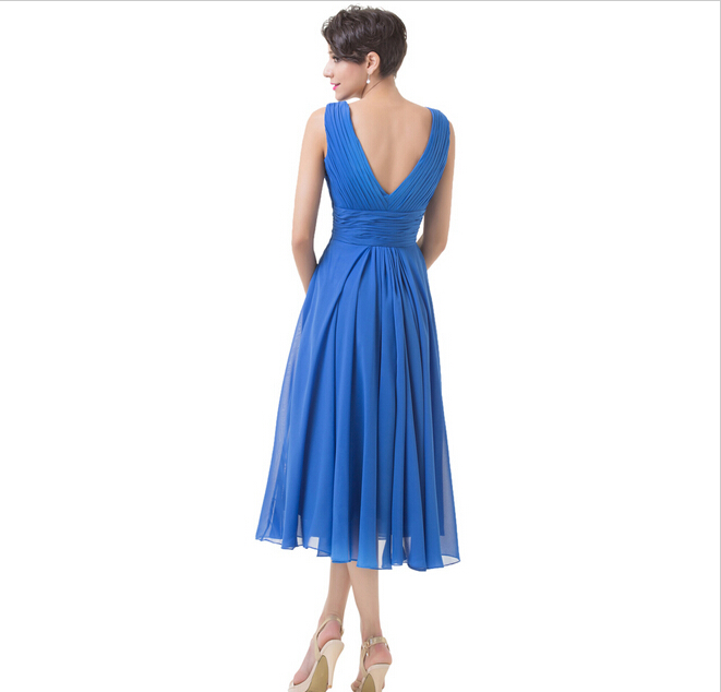 Mid-calf Women Short Elegant Chiffon Blue Evening Dress Gown Prom With ...